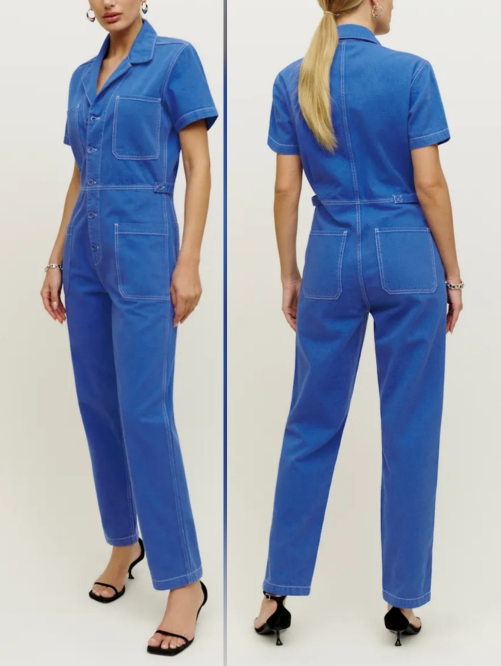Reformation Morgan Twill Jumpsuit Cerulean Royal Blue Pockets